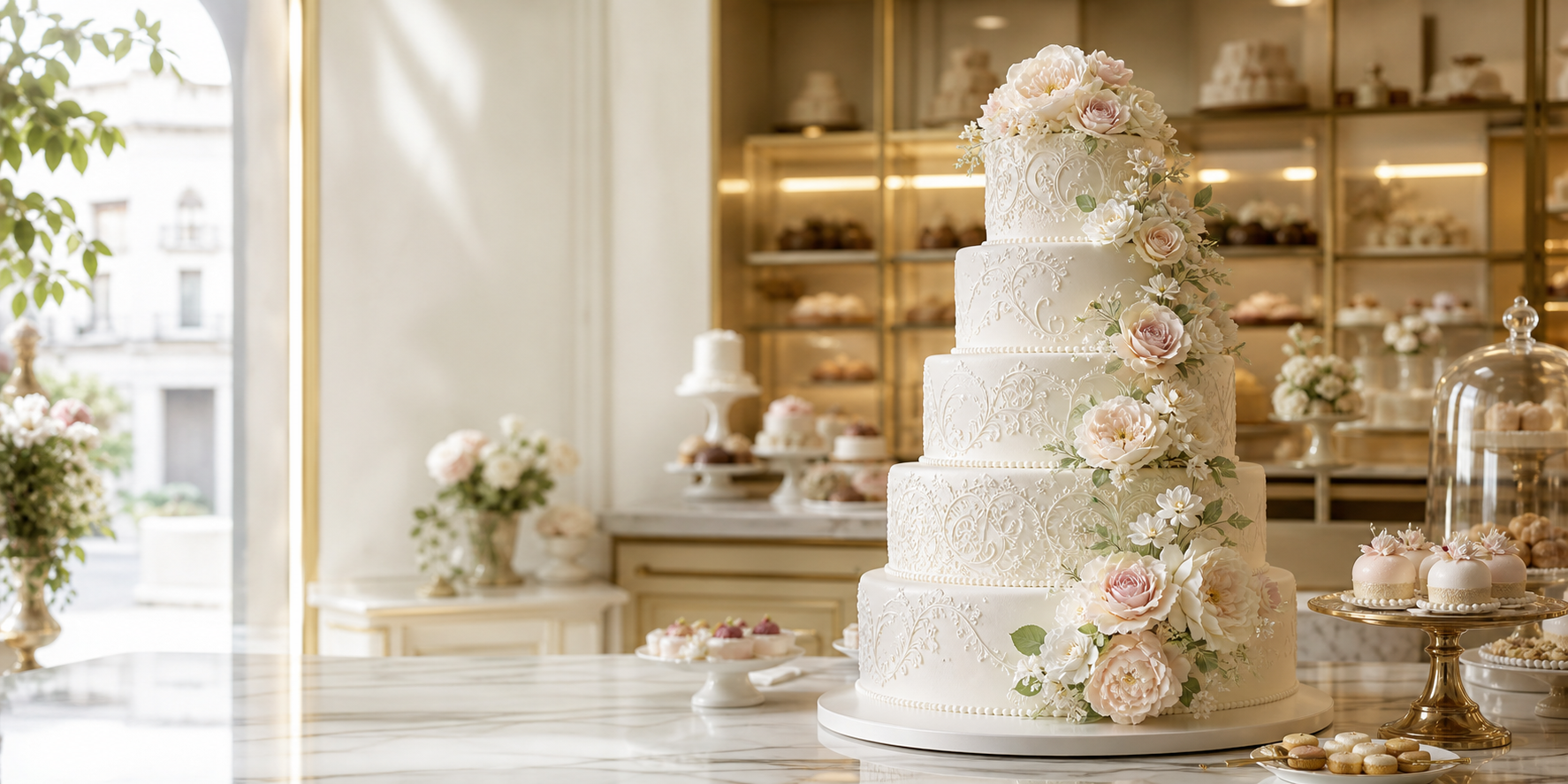 Torta nuziale elegante a piani con decorazioni floreali